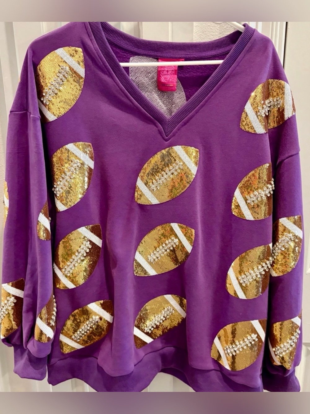 EUC!! QUEEN OF SPARKLES Sweatshirt with Gold Sequin & Crystal Footballs π - Picture 2 of 5